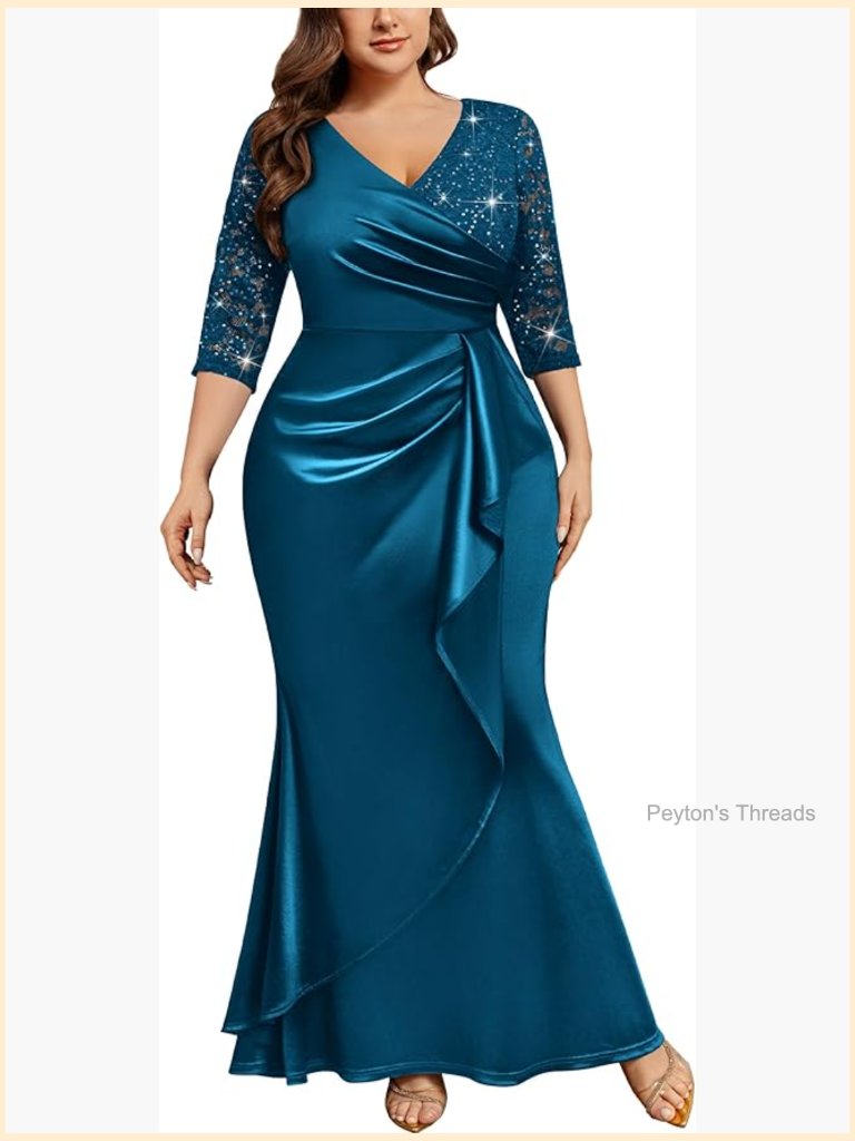 Plus Sequin Lace Mermaid Formal Evening Long Dress 2/3 Sleeves Scoop Neck